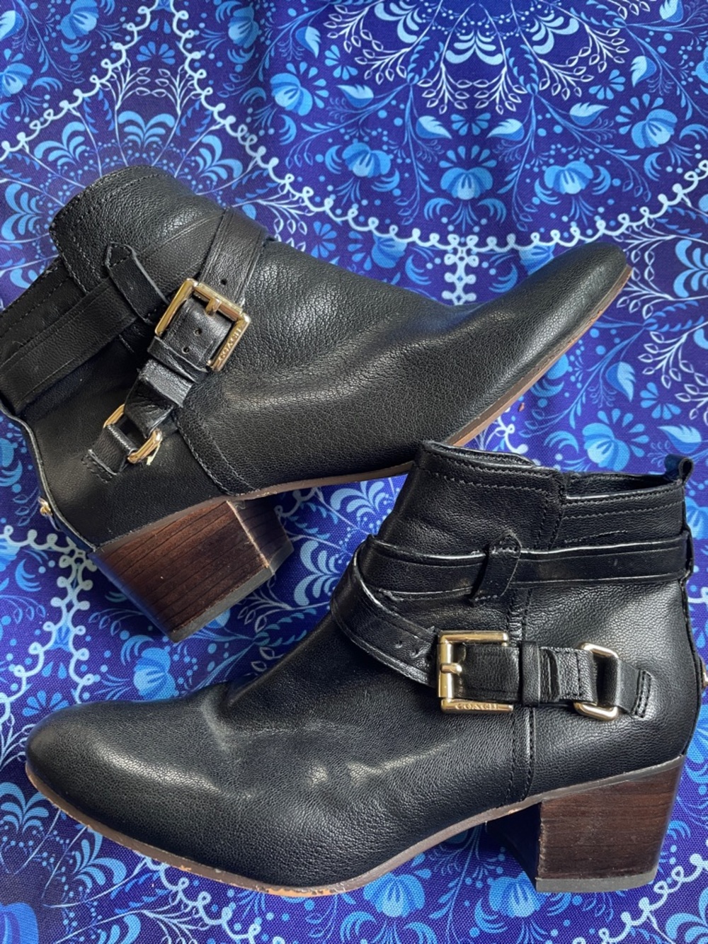 Coach Black Leather Ankle Booties with Gold Buckle